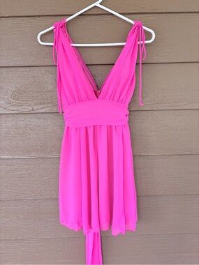 Lucy in the Sky Hot Pink Tie-Shoulder V-Neck Thule Dress w/Built in Cups -Sz S